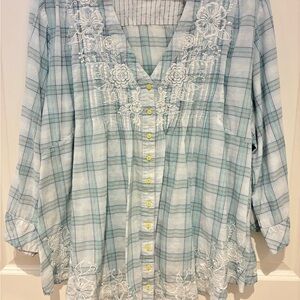 Johnny Was Workshop Women's Blue Plaid Top with White Embroidery
